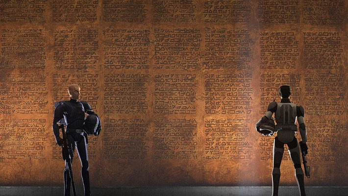 Das Monument hinter Cody und Crosshair ist das First Battle Memorial mit den verzeichneten Namen der gefallen Soldaten in der ersten Schlacht der Klonkriege auf Geonosis
