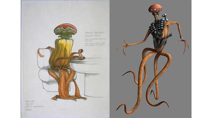 Derrowns Design stammt aus einer Vorlage von Ron Cobb für einen bunten Cantina Alien für Episode IV, das nie verwendet wurde. Das Original-Stück (auf der linken Seite) beschreibt den Alien wie eine tropische Pflanze.