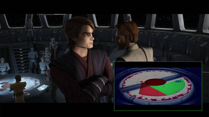 In der kurzen Szene mit Anakin Skywalker und Obi-Wan Kenobi ist eine Bildschirmanzeige zu sehen, deren Gestaltung einer Anzeige aus Episode IV – Eine neue Hoffnung angelehnt ist.