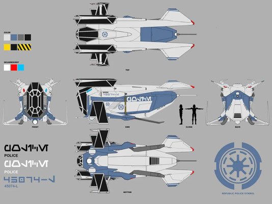 Diese Episode markiert den ersten Auftritt eines Republik Polizei Gunships. Fahrzeug-Design von dem The Clone Wars-Team aus einem anderen Projekt. Es erinnert sehr an einen imperialen TIE Fighter. Illustration by Hyunwoo Lim.
