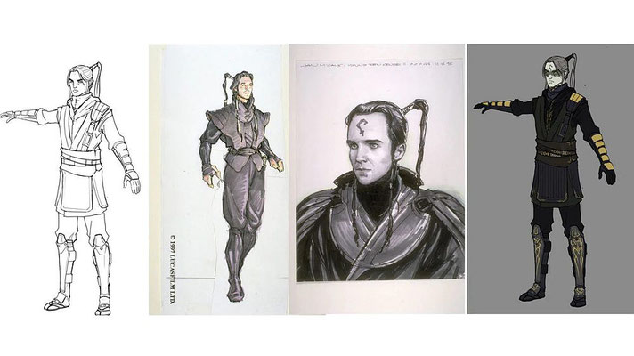 Der Entwurf für Krismo Pluma geht zurück auf frühere Abbildungen von Obi-Wan Kenobi von Iain McCaig während der Entwicklung von Episode I (hier in der Mitte zu sehen).