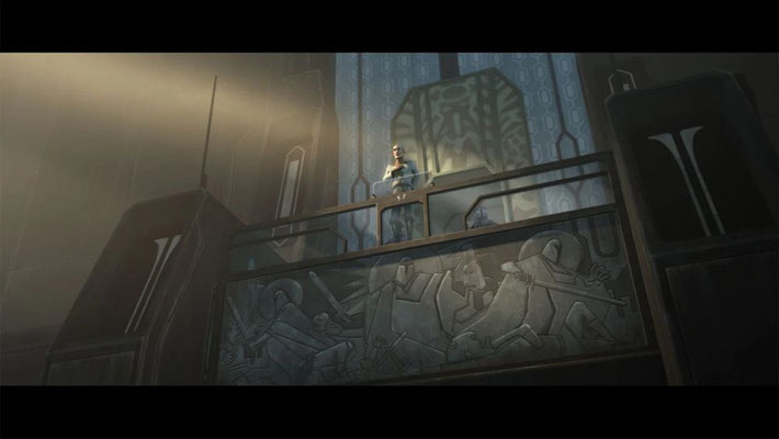 Das Wandbild direkt unter dem Balkon zeigt mandalorianische Kreuzfahrer in einer Schlacht mit Jedi. Es ist deutlich zu erkennen als Ministerpräsident Almec zu den Bürgern spricht.