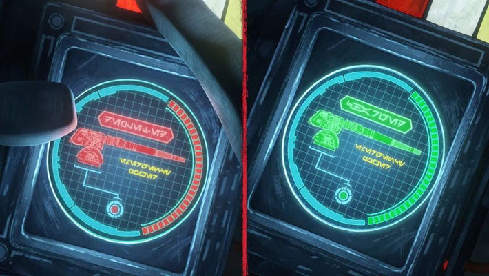 Auf Techs Datapad steht auf Aurebesh: leerer Notstrom und aufgeladener Notstrom (aus dem Englischen übersetzt)