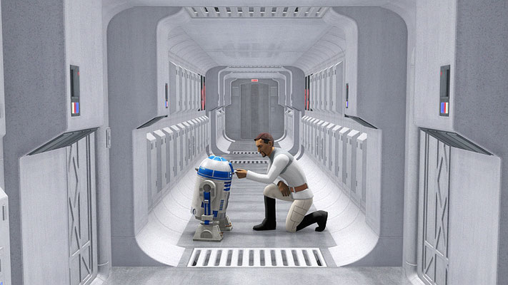 Die letzte Szene zeigt Bail Organa, wie er eine Datenkarte in R2 steckt. Dies gleicht der Szene aus Episode IV auf der Tantive IV mit Prinzessin Leia und dem Protokolldroiden.