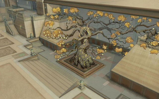 Ein neuer Bereich des Jedi-Tempels ist das Übungsfeld in der Nähe der zentralen Turmspitze, wo ein uralter knorriger Baum mit goldenen Zweigen wächst. Der Jüngling-Klasse von "The Gathering" wurde hier geschult. Illustration von Andre Kirk.