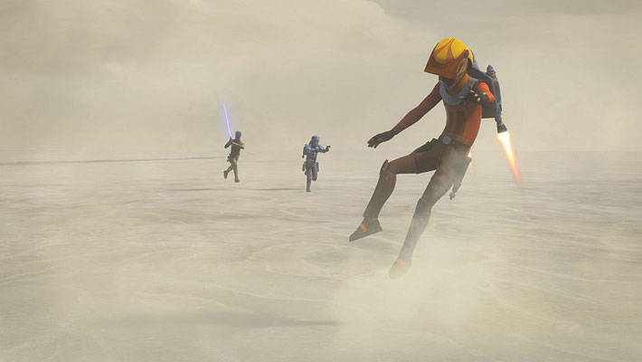 Ursprünglich sollten Ezras erste Flugversuche mit dem Jetpack denen aus dem Film Rocketeer von 1991 gleichen. ILM Designer Joe Johnston, der Boba Fett und seinen Jetpack entwarf,  führte damals Regie.
