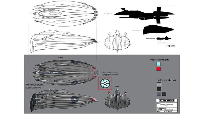 Finales Design und Größenvergleich des separatistischen Unterstützungsschiffs, das auf einem unbenutzten Episode III Sternschiff-Design basiert 