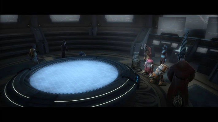 Die Jedi-Ritter, die neben ihren Droiden während des Briefings zu sehen sind, sind Anakin Skywalker (mit R2-D2), Aayla Secura (mit QT-KT), Thongla Jur (mit U9-C4) und Tera Sinube (mit M5-BZ).