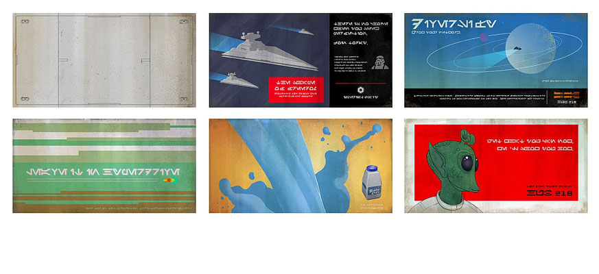 Die Poster auf der Nixus Hub 218: "The Shape of Freedom", Protecting the Galaxy with strength and Justice", "Diversify - Grow your network", Blaue Milch Werbung und "Leave it in Hyperdrive "