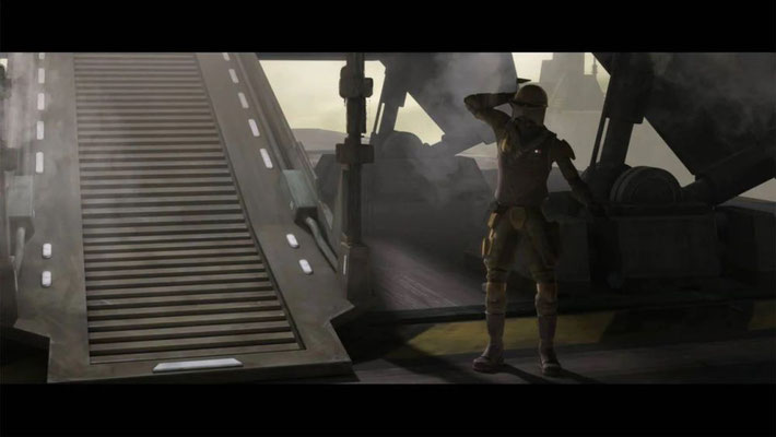 Obi-Wan Kenobi trägt seine Rako Hardeen Verkleidung (aus Staffel vier "Deception"), als er auf Mandalore ankommt.