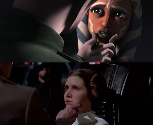 Ebenso wird das Zusammenspiel von Tarkin und Ahsoka in ihrer Zelle sehr ähnlich dargestellt wie Tarkin und Leia an Bord des Todessterns in Episode IV.