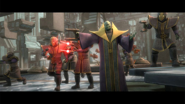 Ziton Moj, zunächst als Bewacher für die Falleen Crime Lords gekleidet, trägt nun die Roben der Black Sun Führung.