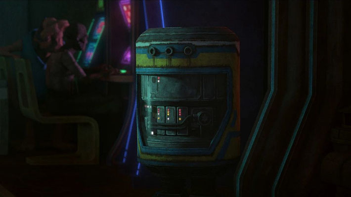 Der Droide Mel-221 hat ein einzigartiges Design. Der Astromech-ähnliche Körper ist mit Armen und Beinen ausgestattet, die denen eines Gonk-Droiden sehr ähnlich sind.