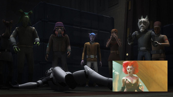 Unter den Gefangenen befindet sich ein männlicher Theelin zu sehen. Weibliche waren bisher in "Die Rückkehr der Jedi-Ritter" (Rystáll Sant), The Clone Wars (Latts Razzi) und Star Wars Rebels (Gooti Terez) zu sehen.
