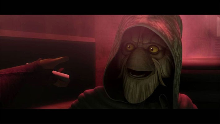 Der betrunkene Gotal heißt Spots Podal. Seine Kapuze hat zwei Öffnungen für Kopf-Zapfen, die perfekt zu Ahsokas Togruta Kopfform passt. Er wird von Dave Filoni gesprochen.