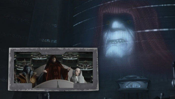 Beim Ausruf des Galaktischen Imperiums ist der Originaltext von Palpatine aus Episode III – Die Rache der Sith zu hören.