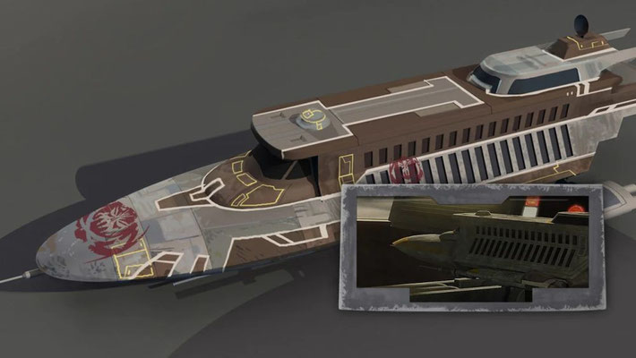 Auf dem Tisch des Dock-Besitzers ist das Modell eines SoroSuub Shuttles zu sehen. Eines dieser Schiffe war Lando Calrissians "Lady Luck" in Star Wars Rebels