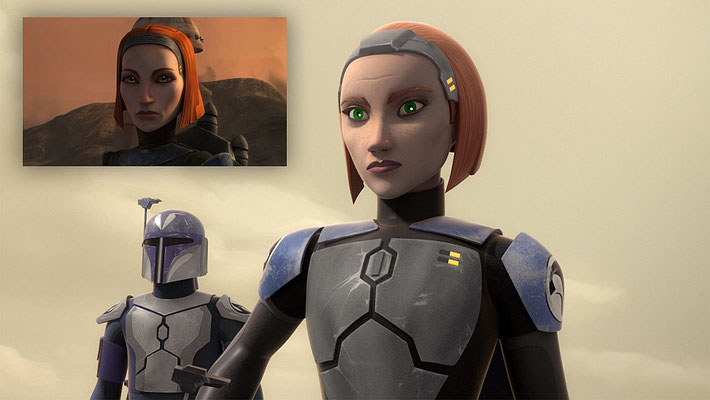 In dieser Episode kehrt Kate Sackhoff als Stimme von Bo-Katan zurück. Sie hatte den Charakter zuletzt in The Clone Wars gesprochen
