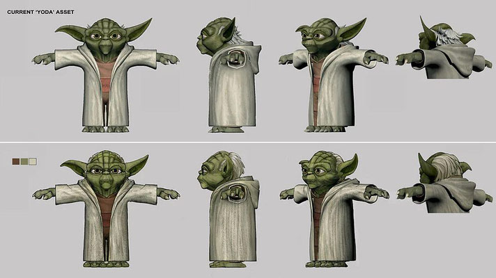 Ebenso wurde Yoda einer Modellpflege unterzogen. Die neue Version hat kleinere Hände, größere Füße, kleinere Ohren und weniger stilisiertes Haar. Durch die Veränderungen ist eine bessere Leistung in der Animation möglich. Illustration von Kilian Plunkett.