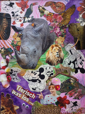 Tierisch was los, Collage auf Leinwand-Karton, 40x30 cm