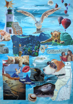 Meerblick - Entspann dich! Collage mit Acryl auf Papier, 41,5x29,5 cm, gerahmt 40x50 cm