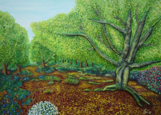 Laubwald im Frühling, 50x70 cm, Acryl und Fimo auf Leinwand