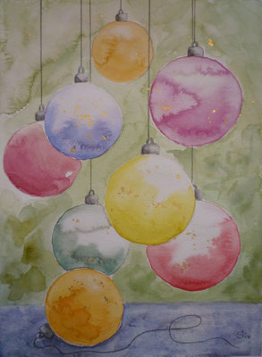 Weihnachtskugeln, Aquarell auf Papier, 30x22 cm