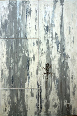 (*)Gecko im Regen, Mixed Media mit Acryl auf Leinwand (4tlg.versch.Größen verschraubt zur Gesamtgröße) 120x80 cm