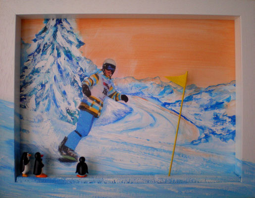 35 x 45 Acryl auf Karton, Mischtechnik mit Collage, Rahmen in Relief, geklebte Pinguinen