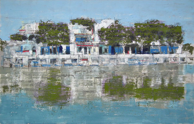 Embarcadero. Oleo, acrílico, y tinta china sobre tabla.  115x73 cm. 1.500 €.