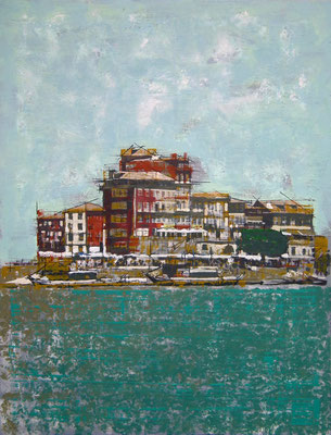Casas sobre el río. 128x98 cm. Oleo, acrílico, y tinta china sobre tabla.  2250 €