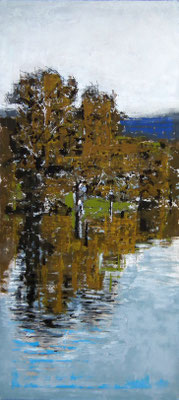 Pantanos llenos. 33x74 cm.  Oleo, acrílico, y tinta china sobre tabla. 450 €