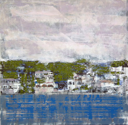 Costa.  Oleo, acrílico, y tinta china sobre tabla.   107x107 cm. 2.050 €.
