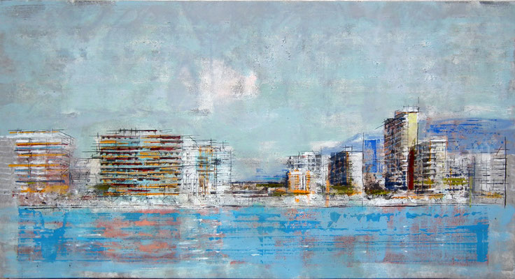Veraneo en el Edificio Mediterraneo. Oleo acrílico y tinta china sobre tabla. 122x67 cm. 1.450 €.