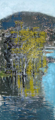 Pantanos llenos. Oleo, acrílico, y tinta china sobre tabla. 42x92 cm. 700 €