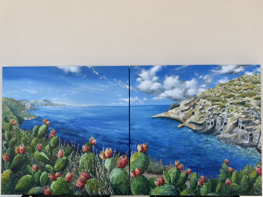 Quadro eseguito su commissione per ricordare una vacanza in Sicilia. Unisce gli scorci di una serie di foto del committente.