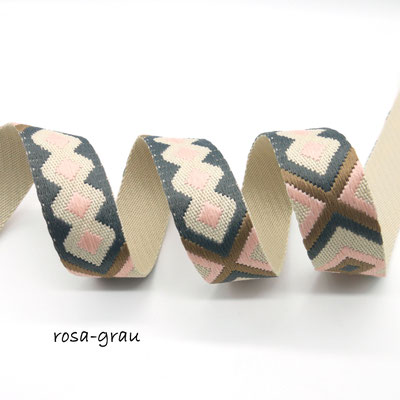 Ethno‑Gurtband 38 mm mit geometrischem Muster in Rosa‑Grau – stilvolles Gurtband für Schultergurte
