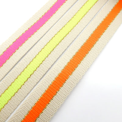 Gurtband in Beige mit Neon-Streifen in Gelb, Orange und Pink – kreative Farbakzente für DIY-Projekte