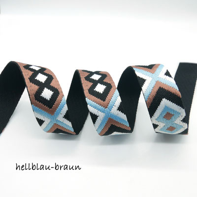 Ethno‑Gurtband 38 mm mit geometrischem Rautenmuster in Hellblau‑Braun – dekoratives Taschen‑Gurtband