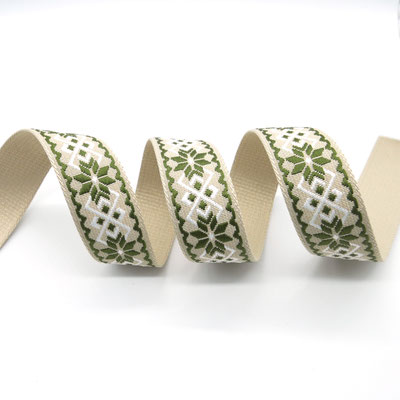 Gurtband mit Edelweiß‑Stickerei, beige Grundfarbe, grüne Stickerei