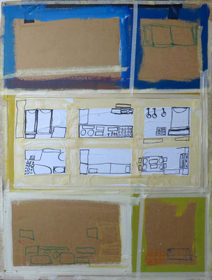 T.K., 2013, zu "Nur ein Wimpernschlag" Wohnung, bemalte Pappe, Collage mit bezeichneten Papieren, Klebeband auf Pappe, 70x92 cm 