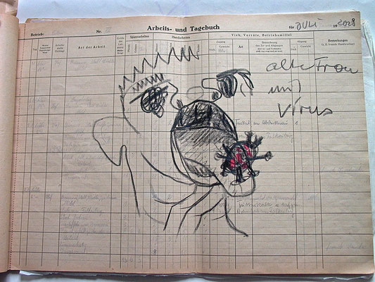 Virus, Corona-Tagebuch 2020, 29,4,x40,4,cm, Fettkreide auf Papier Arbeits-Tagebuch von 1950