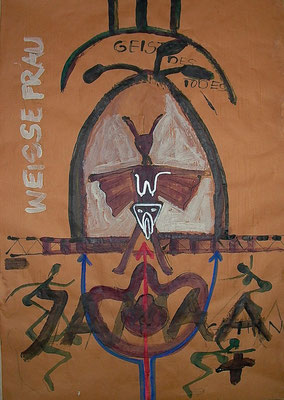 BAPHOMET-WEISSE FRAU MIT JAMAA, 2021, Acryl, Tusche, Marker, Kreide auf farbigem Packpapier, 70 x 100cm