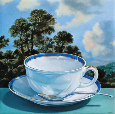 Sherrie Wolf, "Blue and Gold Teacup," 2019, oil on linen, 16 x 16 inches, $3,400