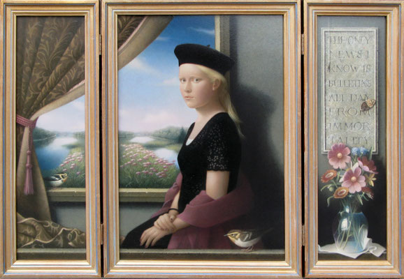 Koo Schadler, "The Only News Triptych," egg tempera on true gesso panel, 14 x 20.25 x 1 inches framed, $8,200