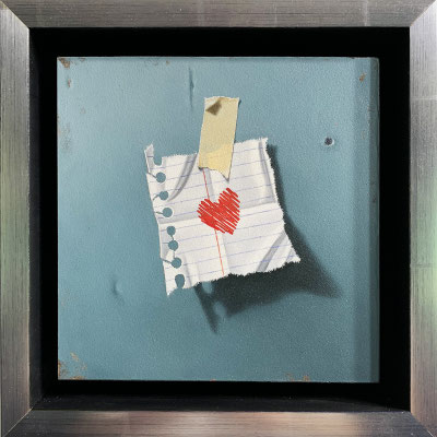 Otto Duecker, "Blue-Green Note with Red Heart," 2021, oil on panel, 6.5 x 6.5 inches - contact for price