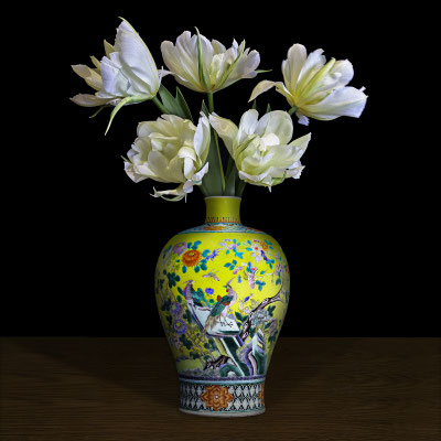 T.M. Glass, "Double Tulips in a Yellow Royal Chinese Vase," archival pigment print on hand-made Italian rag paper, available in 30 x 30 inches, 42 x 42", 52 x 52", and 58 x 58", contact for price 