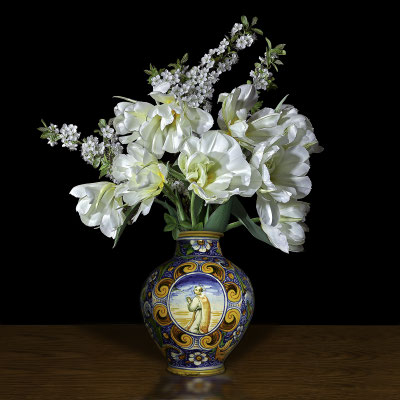 T.M. Glass, "Plum Blossom and Double Tulips in an Italian Vessel," archival pigment print on hand-made Italian rag paper, available in 30 x 30 inches, 42 x 42", 52 x 52", and 58 x 58", contact for price 