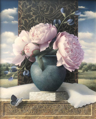 Koo Schadler, "Walk in Joy, Peonies Vase," egg tempera on true gesso and MDF panel, 13.5 x 11.25 x 1 inches framed - SOLD