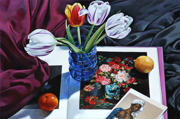 Sherrie Wolf, "Tulips with Portrait from Louvre," 2017, oil on linen, 24 x 36 inches, $6,700